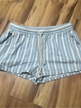 Aerie Women's Striped Shorts Size S Blue White Chambray Drawstring Pockets